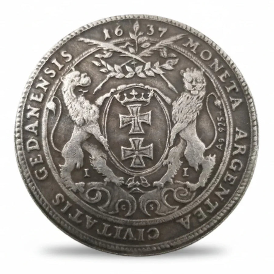 Poland 1637 Gdansk city thaler reverse civic arms two lions heraldic design historical collectible coin token Polish-Lithuanian Commonwealth commemorative collectible coin token
