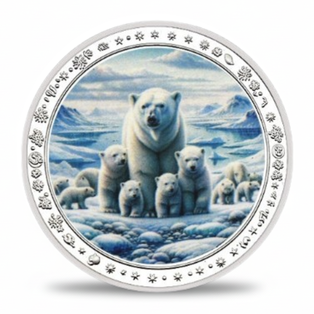 Polar bear mother with cubs Arctic family wildlife collectible coin nature commemorative token
