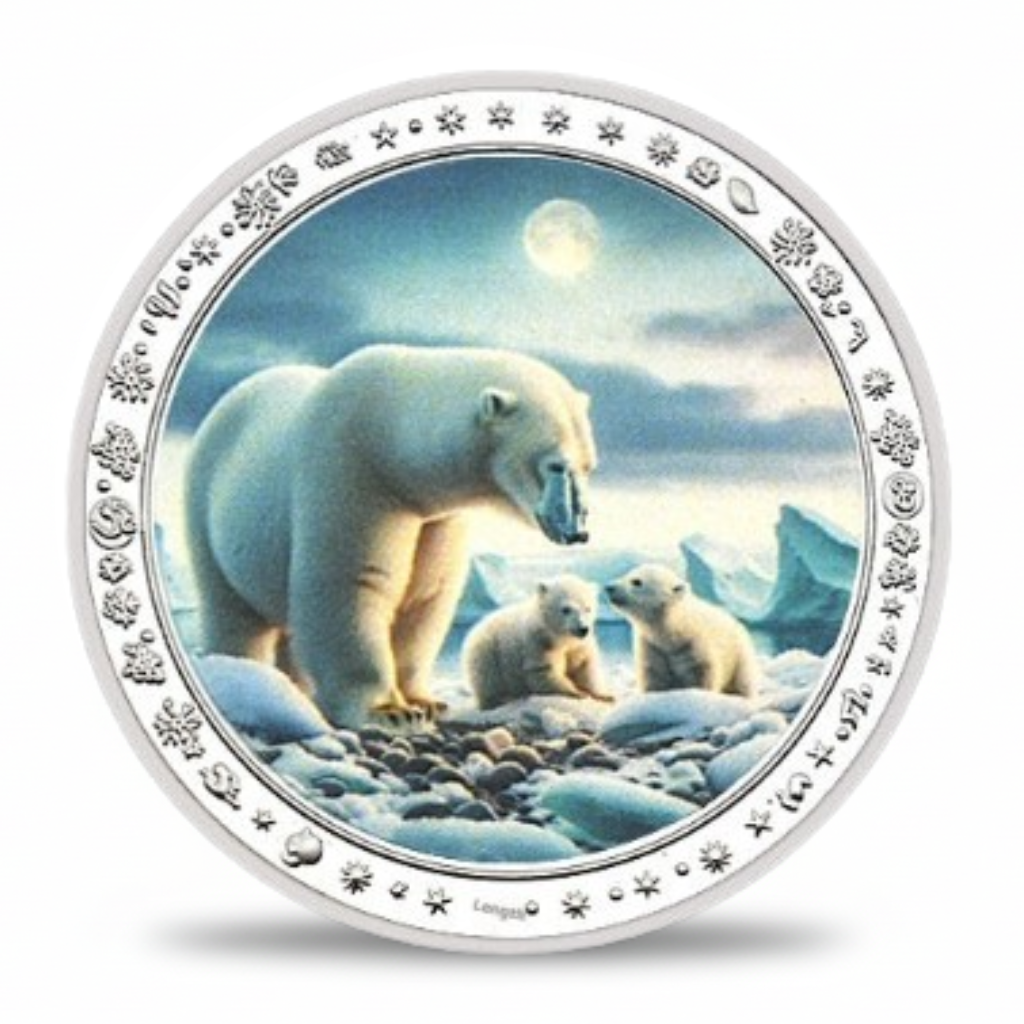 Polar bear mother teaching cubs Arctic family collectible coin wildlife parenting commemorative token

