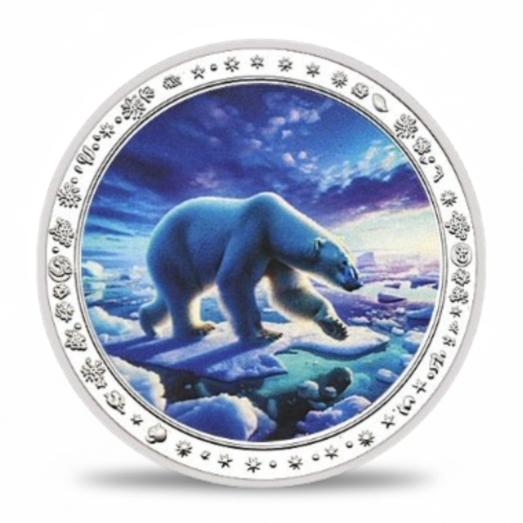 Polar bear under northern lights Arctic night sky collectible coin aurora borealis wildlife commemorative token
