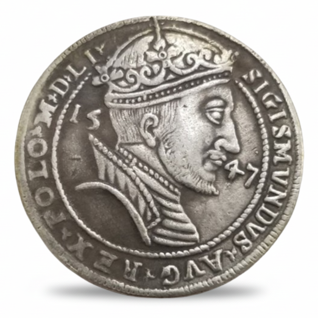 Polish 1547 Talar King Sigismund II Augustus replica coin obverse crowned armoured portrait Jagiellonian Renaissance collectible available at One More Coin store
