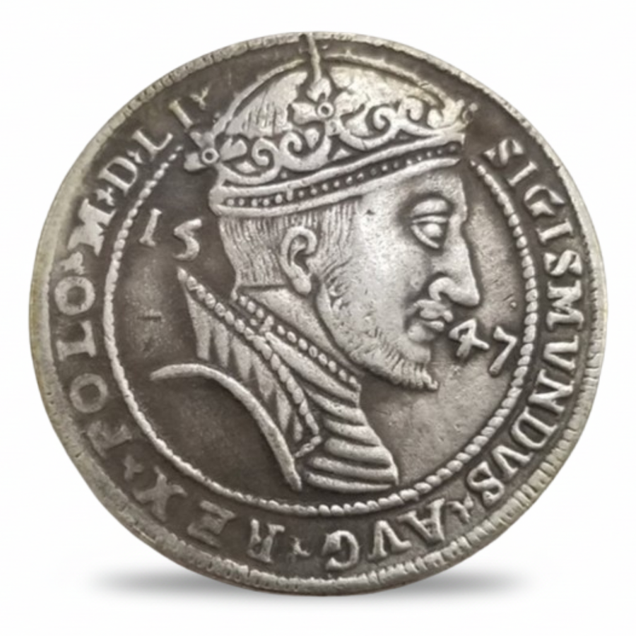 Polish 1547 Talar King Sigismund II Augustus replica coin obverse crowned armoured portrait Jagiellonian Renaissance collectible available at One More Coin store
