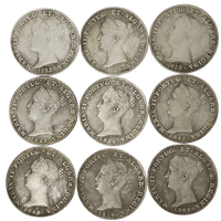 Portugal 500 Reis Queen Maria II nine date variants 1837 to 1853 obverse portraits collectible coin set antique silver finish
