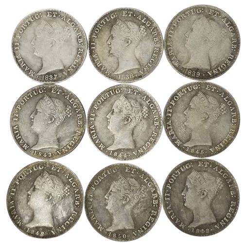 Portugal 500 Reis Queen Maria II nine date variants 1837 to 1853 obverse portraits collectible coin set antique silver finish
