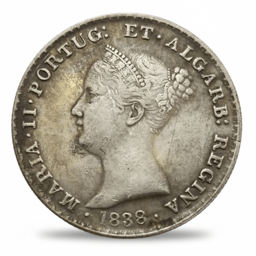 Portugal 500 Reis Queen Maria II bare head portrait collectible coin obverse antique silver finish 1838 available at One More Coin store
