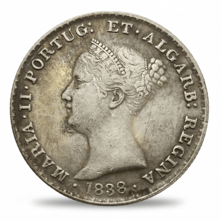 Portugal 500 Reis Queen Maria II bare head portrait collectible coin obverse antique silver finish 1838 available at One More Coin store
