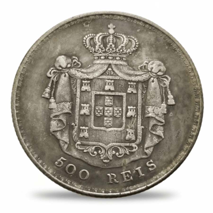 Portugal 500 Reis royal coat of arms reverse Portuguese crown mantling heraldic design historical collectible coin token commemorative collectible coin token
