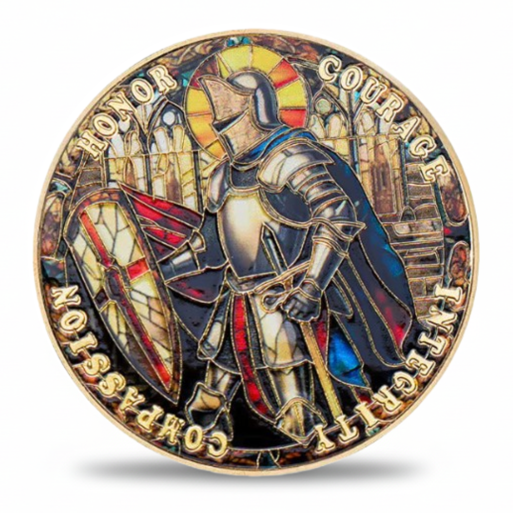 Pray For Victory crusader knight stained glass enamel coin gold finish honor courage integrity compassion medieval spiritual gift for collectors available at One More Coin store
