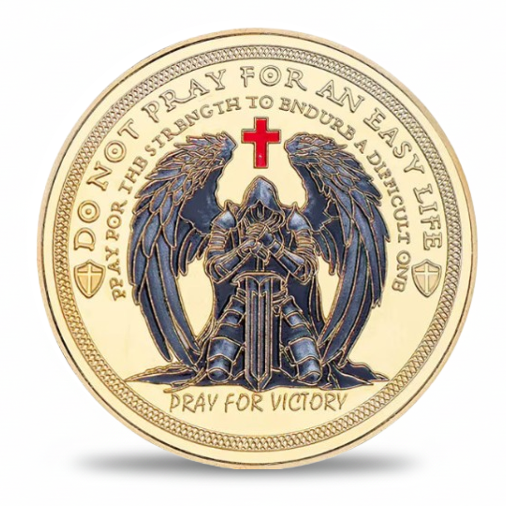 Pray For Victory kneeling winged crusader knight coin reverse red cross do not pray for an easy life medieval spiritual collectible token
