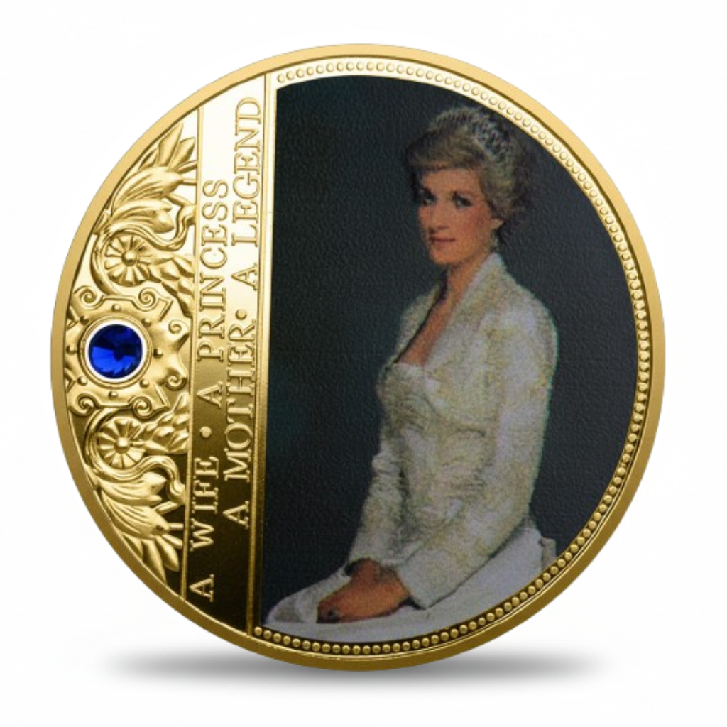 Princess Diana commemorative coin gold finish A Wife A Princess A Legend A Mother royal memorial collectible gift available at One More Coin store
