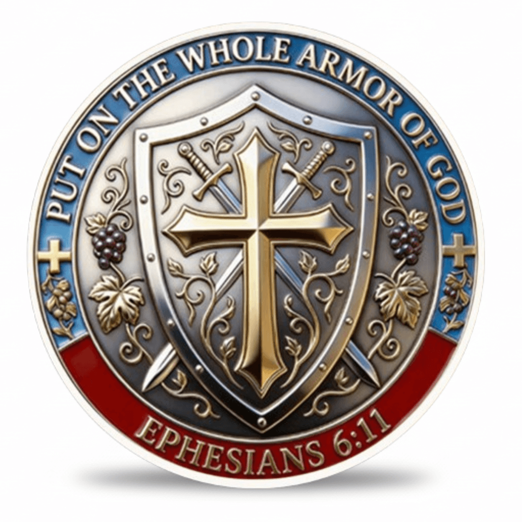 A circular religious coin featuring a central shield with a gold cross, crossed swords, grapes, and ornate scrollwork. The outer ring has blue and red sections with the text 'PUT ON THE WHOLE ARMOR OF GOD' and 'EPHESIANS 6:11'.