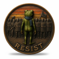 Bronze medallion with a frog character and police officers, featuring the word 'RESIST'.