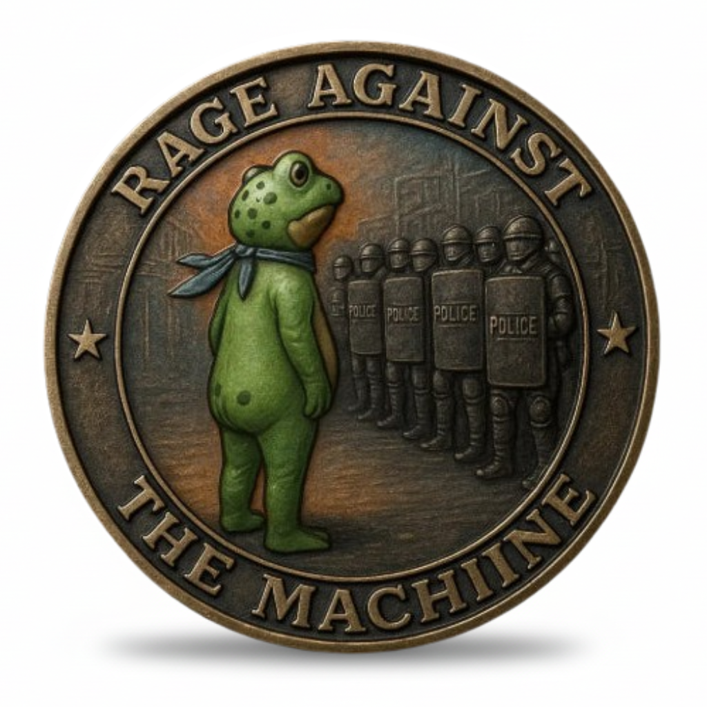 Rage Against The Machine coin green frog protest art riot police collectible available at One More Coin store
