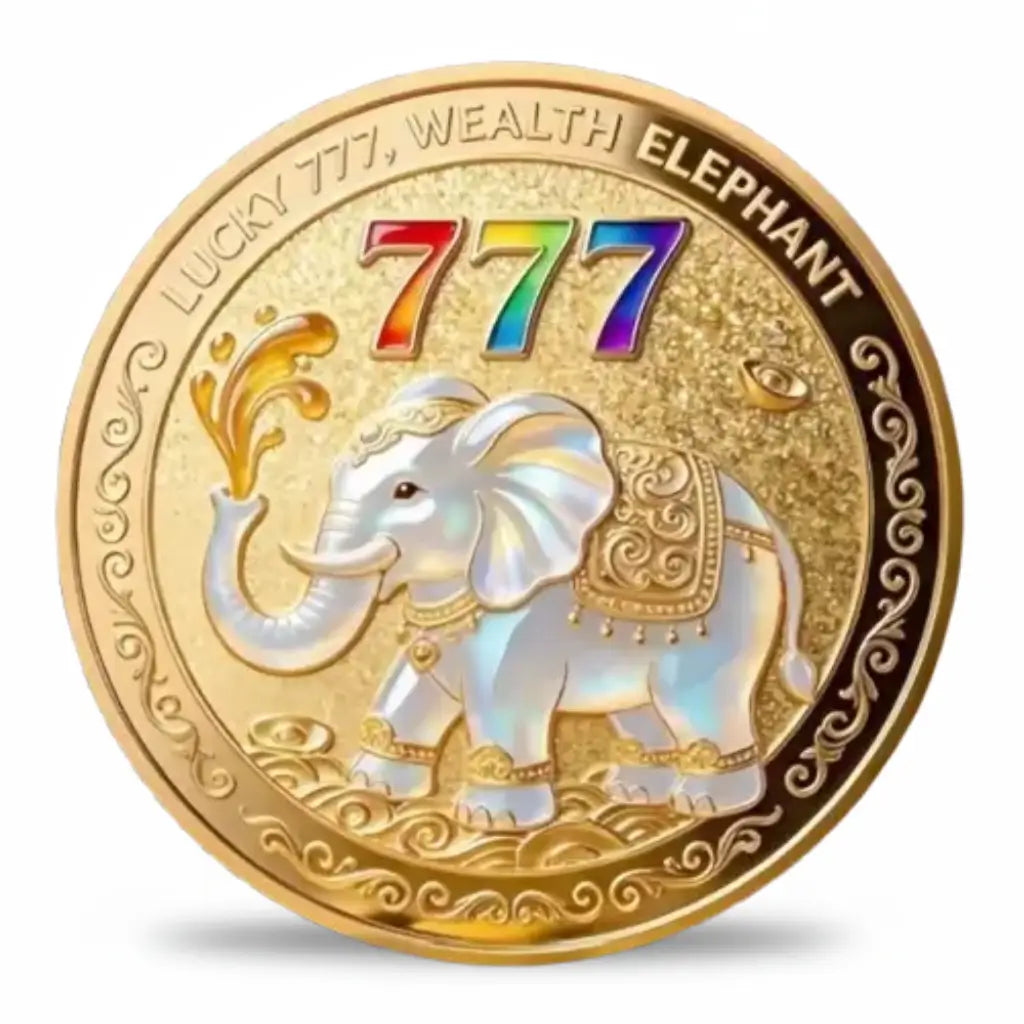 Rainbow 777 Wealth Elephant collectible coin front face white pearl iridescent elephant trunk raised gold ceremonial saddle rainbow 777 numerals luck prosperity gold enamel available at One More Coin store

