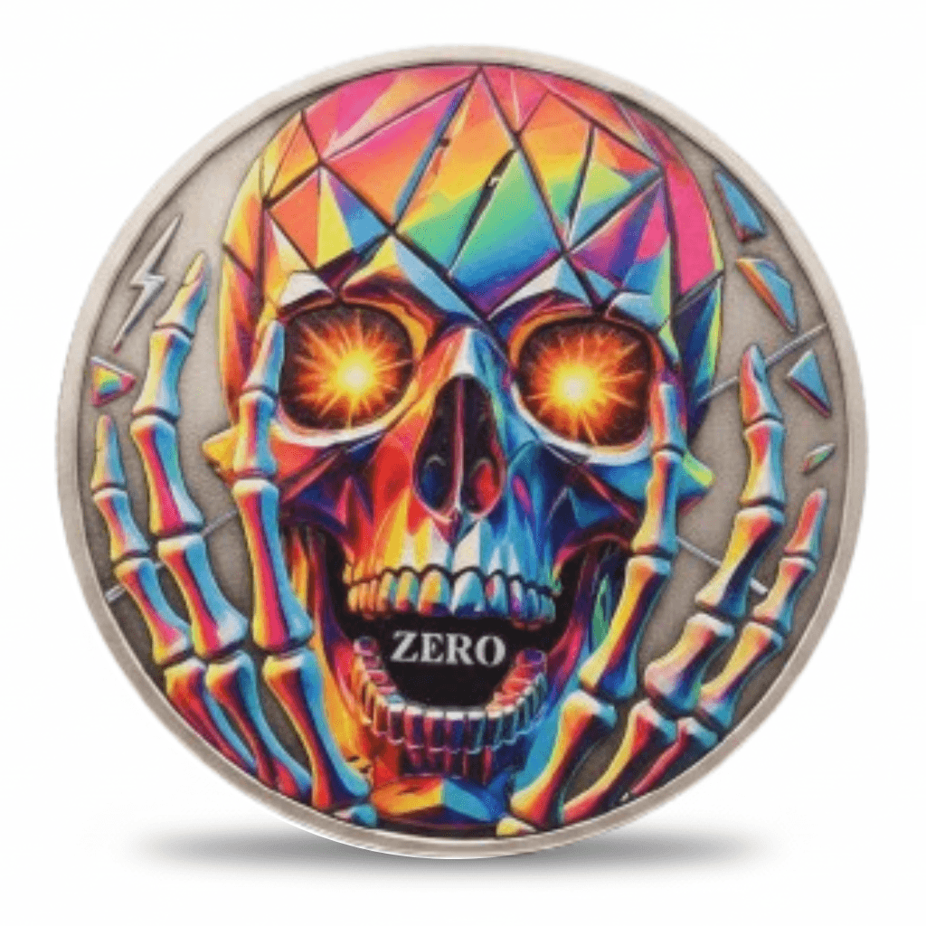 Rainbow holographic skull Zero gothic collectible coin skeleton hands dark art available at One More Coin store
