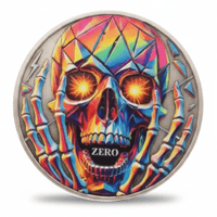 Rainbow holographic skull Zero gothic collectible coin skeleton hands dark art available at One More Coin store
