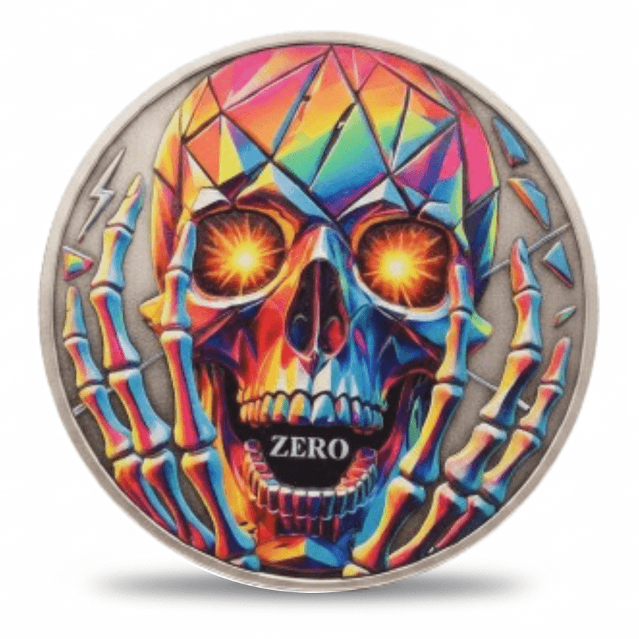 Rainbow holographic skull Zero gothic collectible coin skeleton hands dark art available at One More Coin store
