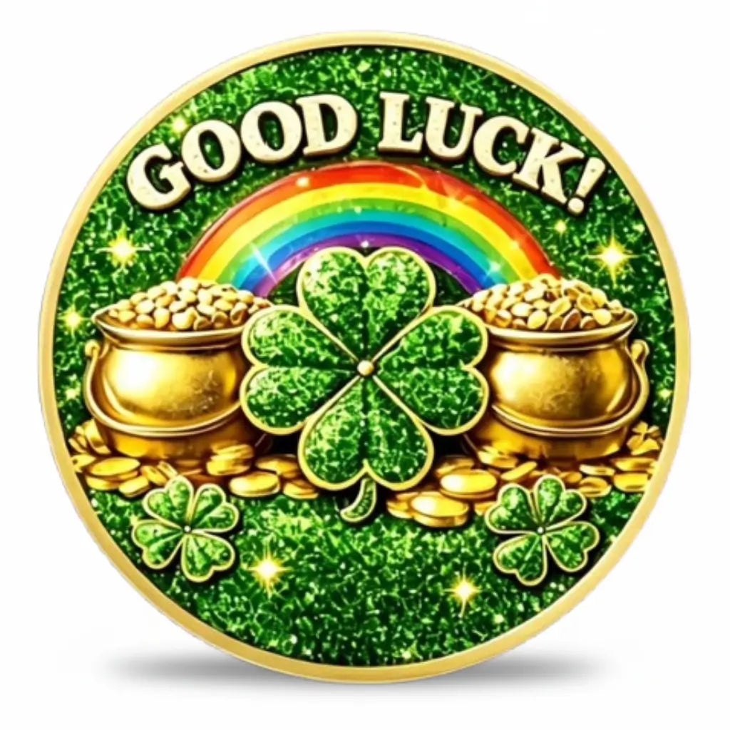 Rainbow Pot of Gold Good Luck coin front face vivid rainbow arching over two overflowing gold pots of gold four leaf clover sparkle emerald green enamel good luck lucky charm collectible available at One More Coin store