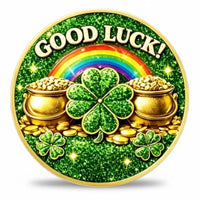 Rainbow Pot of Gold Good Luck coin front face vivid rainbow arching over two overflowing gold pots of gold four leaf clover sparkle emerald green enamel good luck lucky charm collectible available at One More Coin store
