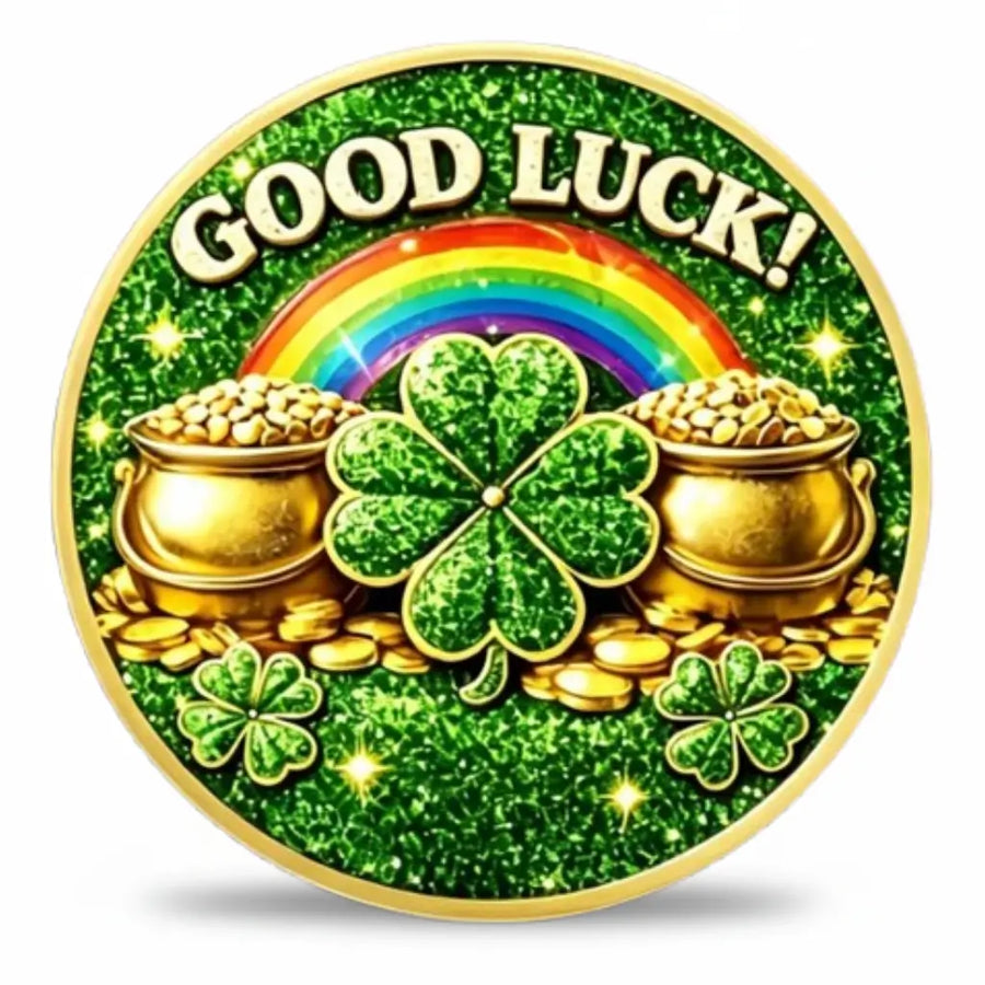 Rainbow Pot of Gold Good Luck coin front face vivid rainbow arching over two overflowing gold pots of gold four leaf clover sparkle emerald green enamel good luck lucky charm collectible available at One More Coin store