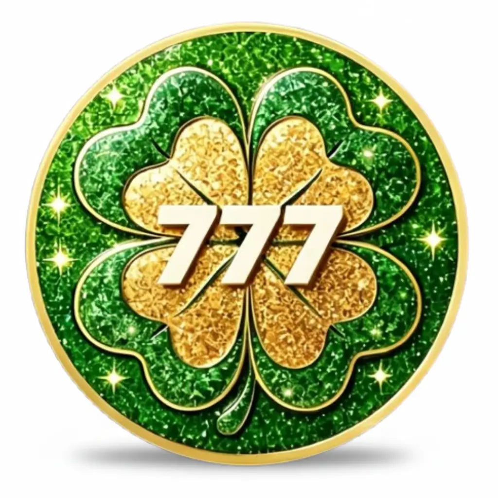 Rainbow Pot of Gold Good Luck coin reverse giant gold four leaf clover 777 lucky numerals sparkling emerald green enamel sparkle glints lucky charm collectible token
