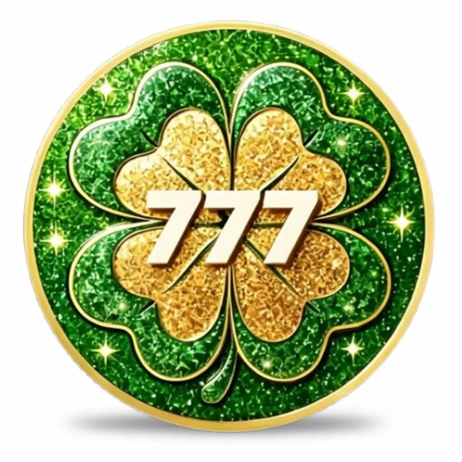 Rainbow Pot of Gold Good Luck coin reverse giant gold four leaf clover 777 lucky numerals sparkling emerald green enamel sparkle glints lucky charm collectible token
