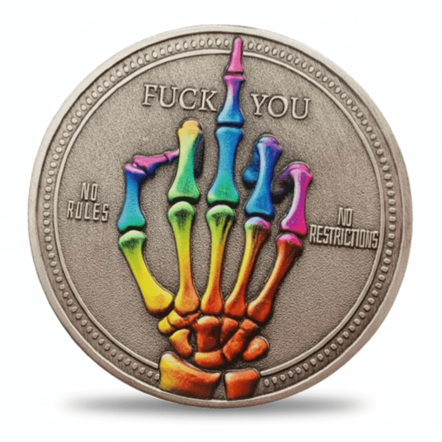 Rainbow skeleton hand No Rules No Restrictions gothic collectible coin antique silver finish
