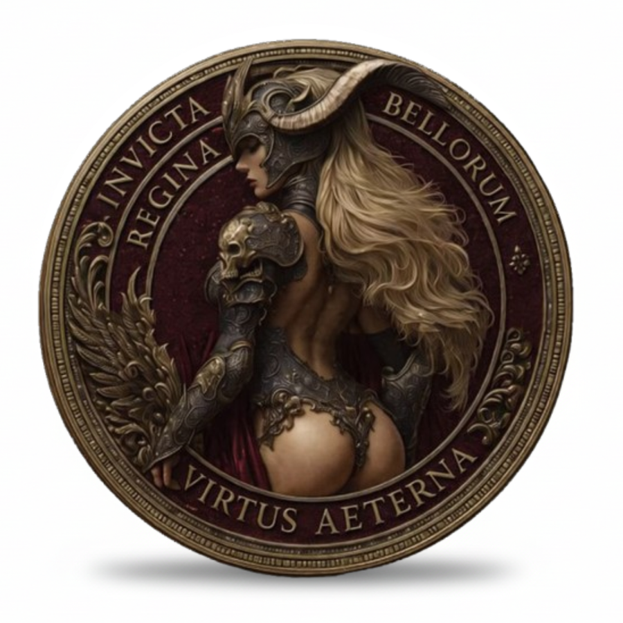 Reign of Shadows coin reverse Invicta Regina Bellorum Virtus Aeterna warrior queen dark armour phoenix wing Gothic fantasy collectible token
