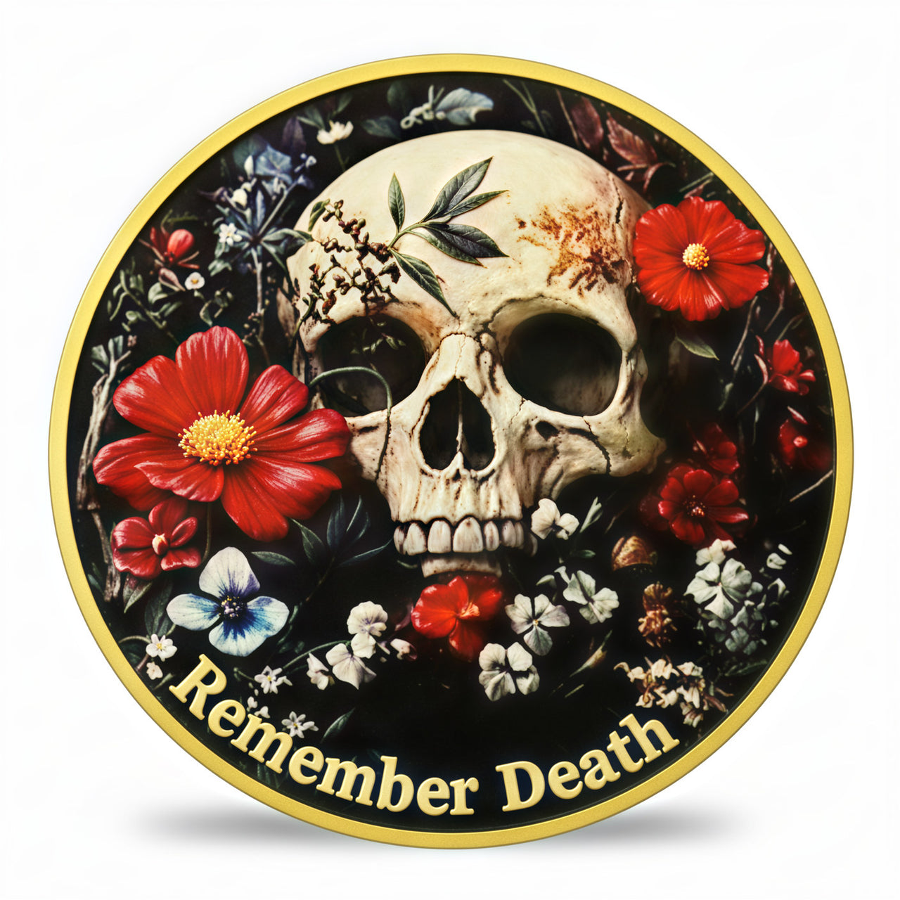 A circular decorative coin featuring a human skull surrounded by red, white, and blue flowers on a black background, with a gold border and the words 'Remember Death' in gold at the bottom. Available at one more coin store.
