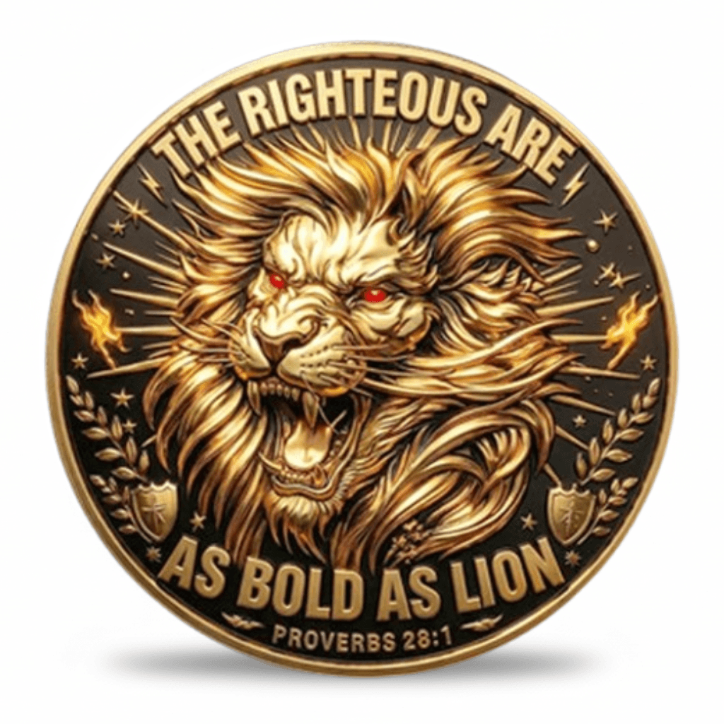 Righteous Are Bold As Lion Proverbs 28:1 gold lion Christian collectible coin reverse side
