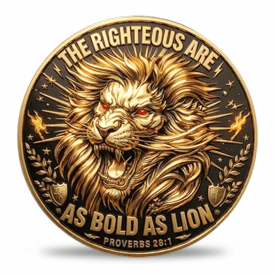 Righteous Are Bold As Lion Proverbs 28:1 gold lion Christian collectible coin reverse side
