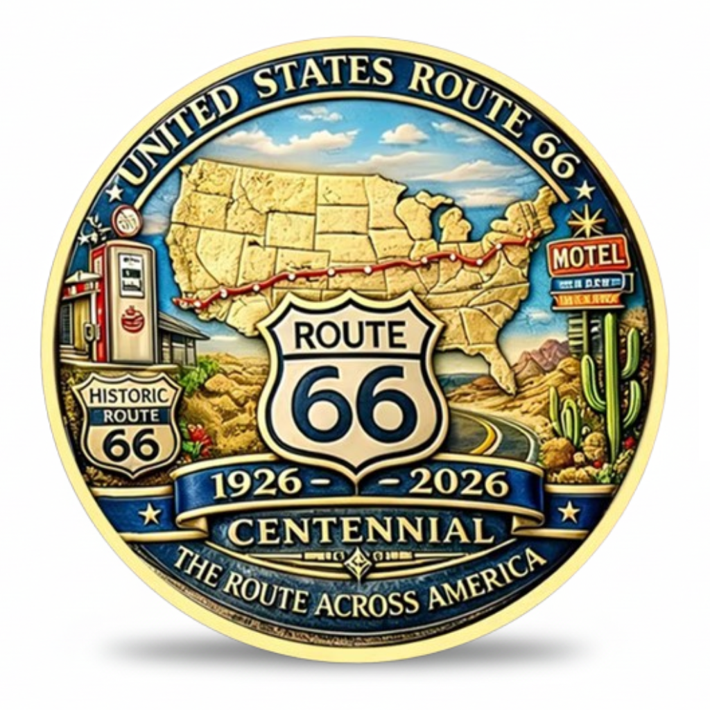 United States Route 66 centennial 1926 2026 highway map commemorative collectible coin gold enamel The Route Across America