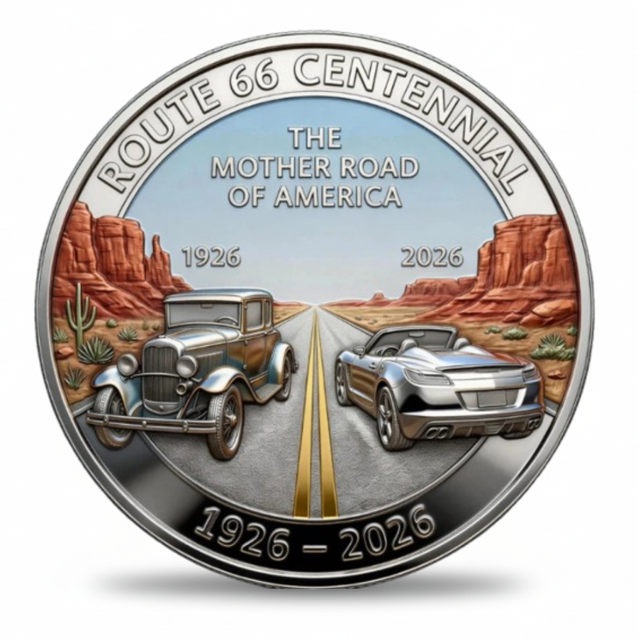 Route 66 Centennial coin 1926 2026 vintage Ford Model A and modern sports car on desert highway Monument Valley Americana collectible gift available at One More Coin store
