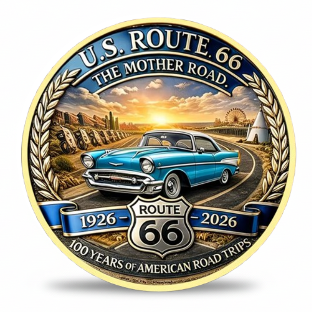 Route 66 The Mother Road 1926 2026 classic car centennial commemorative collectible coin gold finish Americana gift for collectors available at One More Coin store