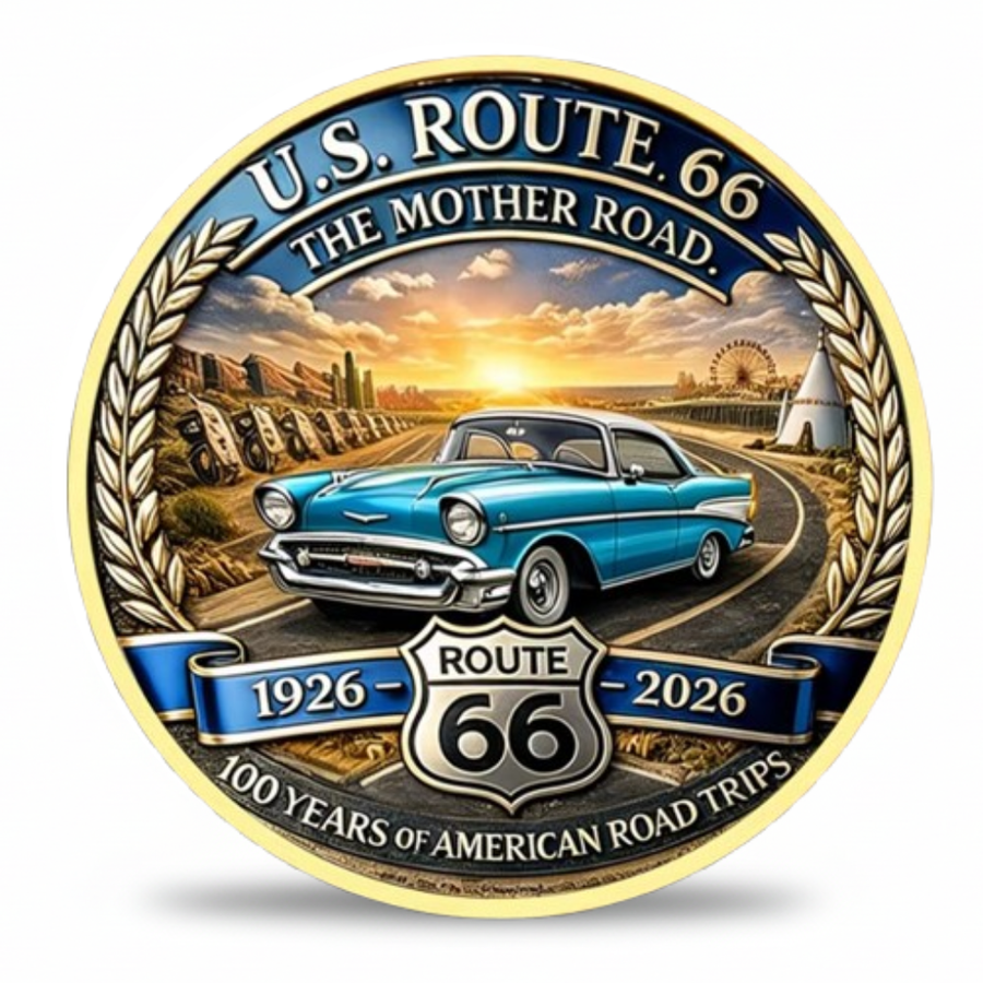 Route 66 The Mother Road 1926 2026 classic car centennial commemorative collectible coin gold finish Americana gift for collectors available at One More Coin store