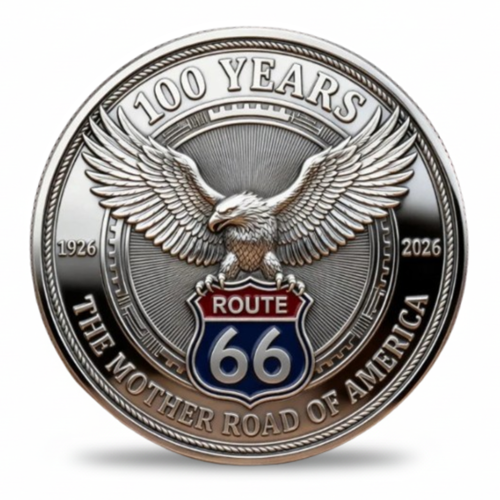 Route 66 Centennial coin reverse bald eagle clutching Route 66 highway shield red blue enamel 100 years Mother Road of America collectible token
