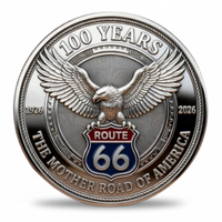 Route 66 Centennial coin reverse bald eagle clutching Route 66 highway shield red blue enamel 100 years Mother Road of America collectible token
