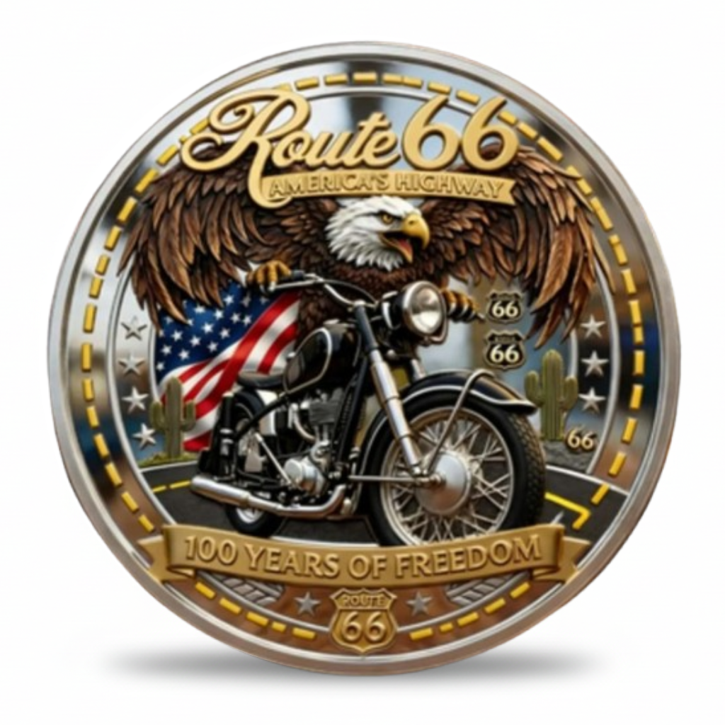 Route 66 America's Highway eagle motorcycle collectible coin 100 Years of Freedom available at One More Coin store
