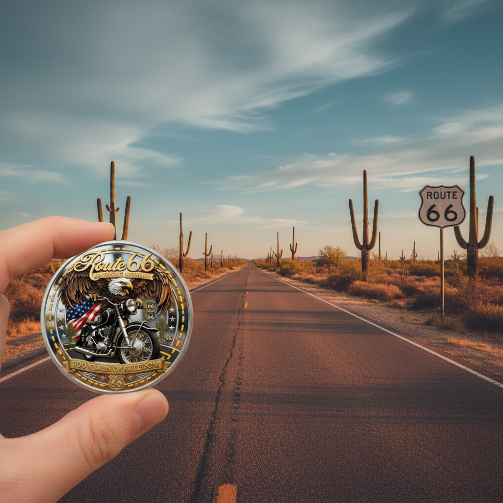 Hand holding Route 66 eagle motorcycle collectible coin against desert highway scene Route 66 road sign Arizona
