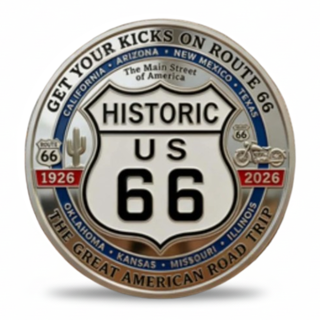 Historic US Route 66 shield collectible coin token reverse 1926 to 2026 Great American Road Trip
