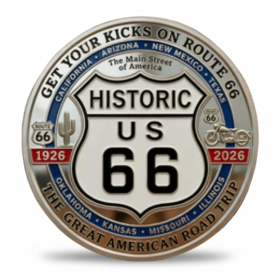 Historic US Route 66 shield collectible coin token reverse 1926 to 2026 Great American Road Trip
