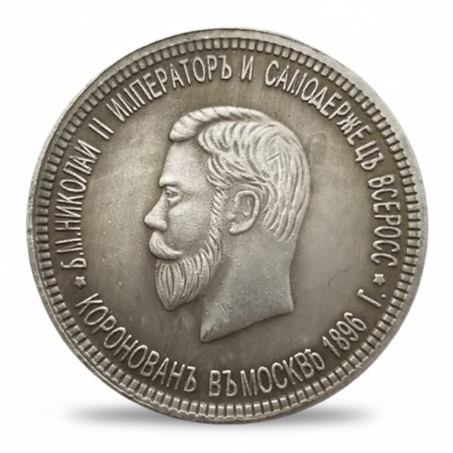 Russian 1896 Coronation Rouble Tsar Nicholas II replica coin obverse Imperial portrait Moscow crowned collectible available at One More Coin store
