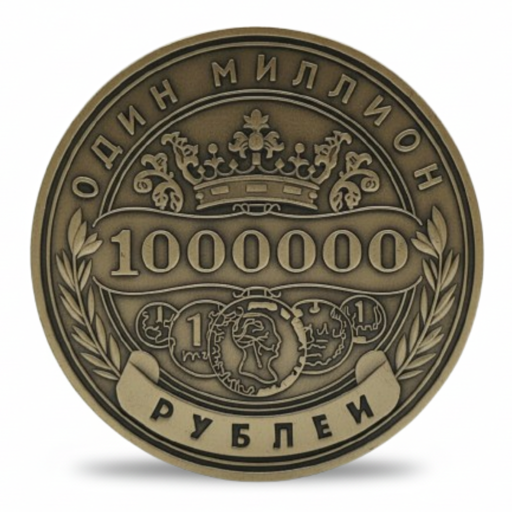 Russian One Million Roubles novelty lucky coin obverse imperial crown laurel wreath antique bronze finish gift collectible available at One More Coin store

