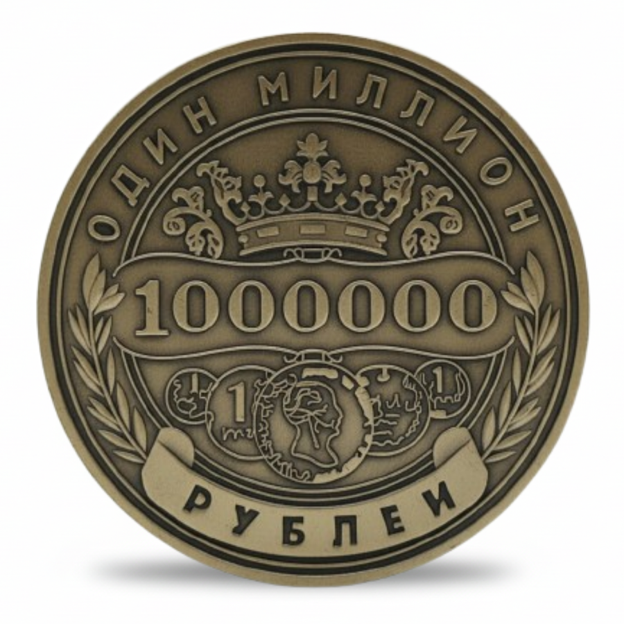 Russian One Million Roubles novelty lucky coin obverse imperial crown laurel wreath antique bronze finish gift collectible available at One More Coin store
