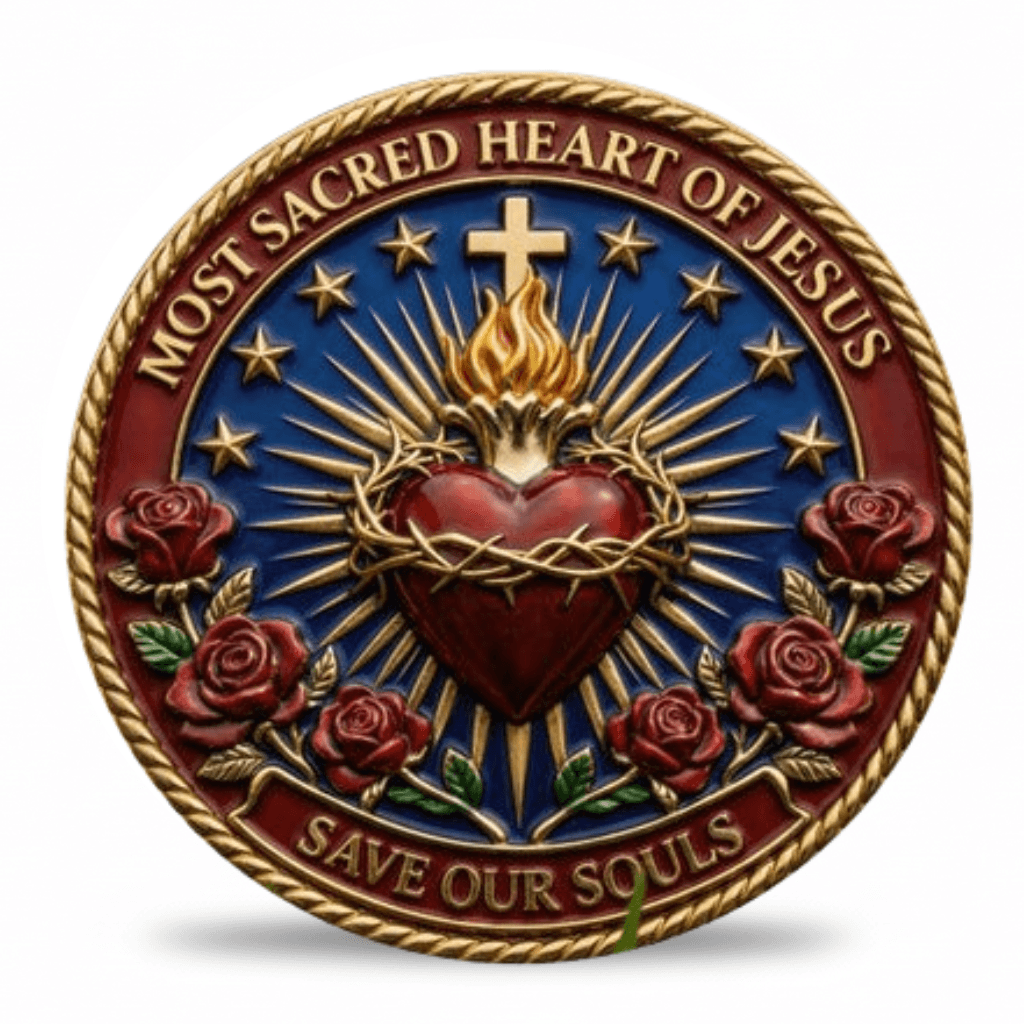 A circular Sacred Heart of Jesus coin with a gold rope border, blue background, red heart with crown of thorns and flames, red roses, and the text 'MOST SACRED HEART OF JESUS' and 'SAVE OUR SOULS'.