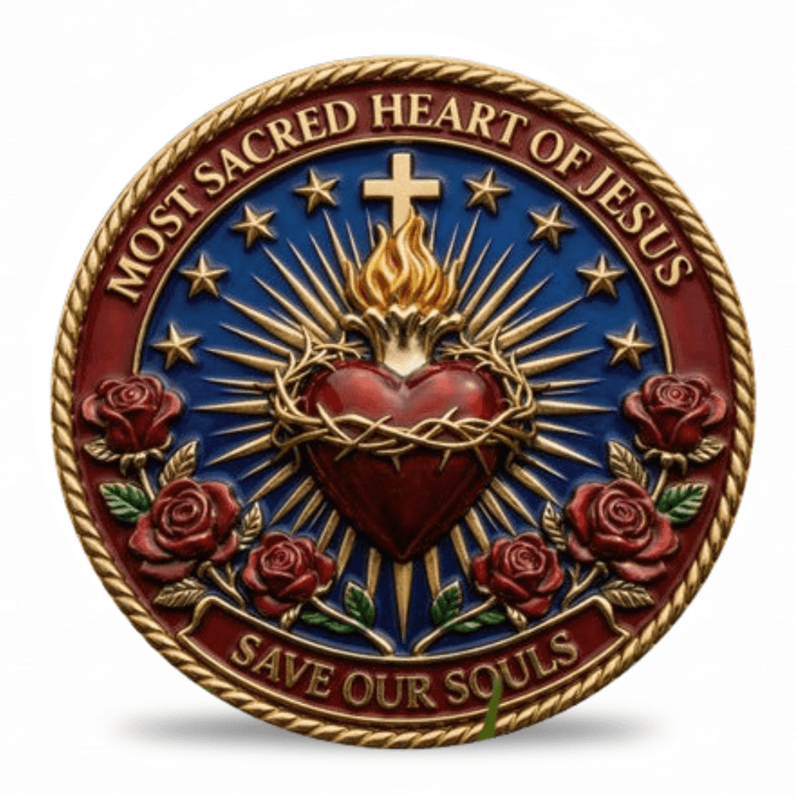 A circular Sacred Heart of Jesus coin with a gold rope border, blue background, red heart with crown of thorns and flames, red roses, and the text 'MOST SACRED HEART OF JESUS' and 'SAVE OUR SOULS'.