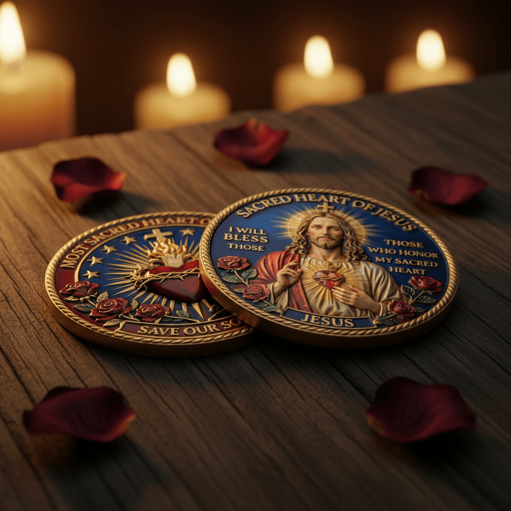 Two Sacred Heart of Jesus religious coins displayed on a dark wooden surface with scattered red rose petals and blurred lit candles in the background.