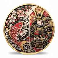 Japanese samurai warrior and red koi fish collectible coin token with cherry blossoms and chrysanthemum enamel design
