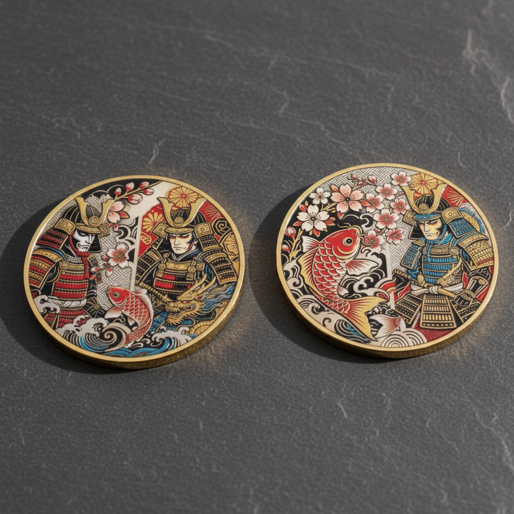 Samurai koi fish and dragon Japanese mythology collectible coin both sides displayed on dark slate surface natural lighting available