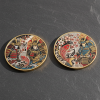 Samurai koi fish and dragon Japanese mythology collectible coin both sides displayed on dark slate surface natural lighting available